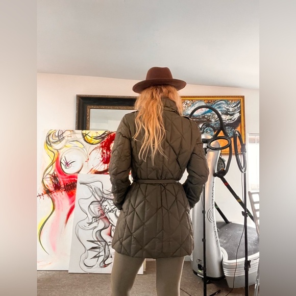 Add Down Women's khaki Pillow Collar puffy  Belted Jacket Medium - Picture 6 of 12